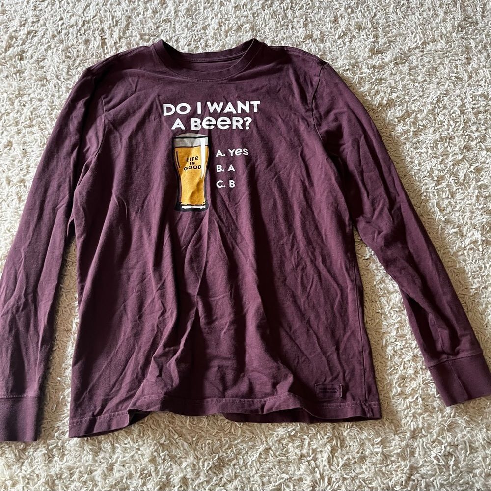 Life Is Good Mens Shirt Large Long Sleeve Red Beer Graphic Classic Fit Cotton M